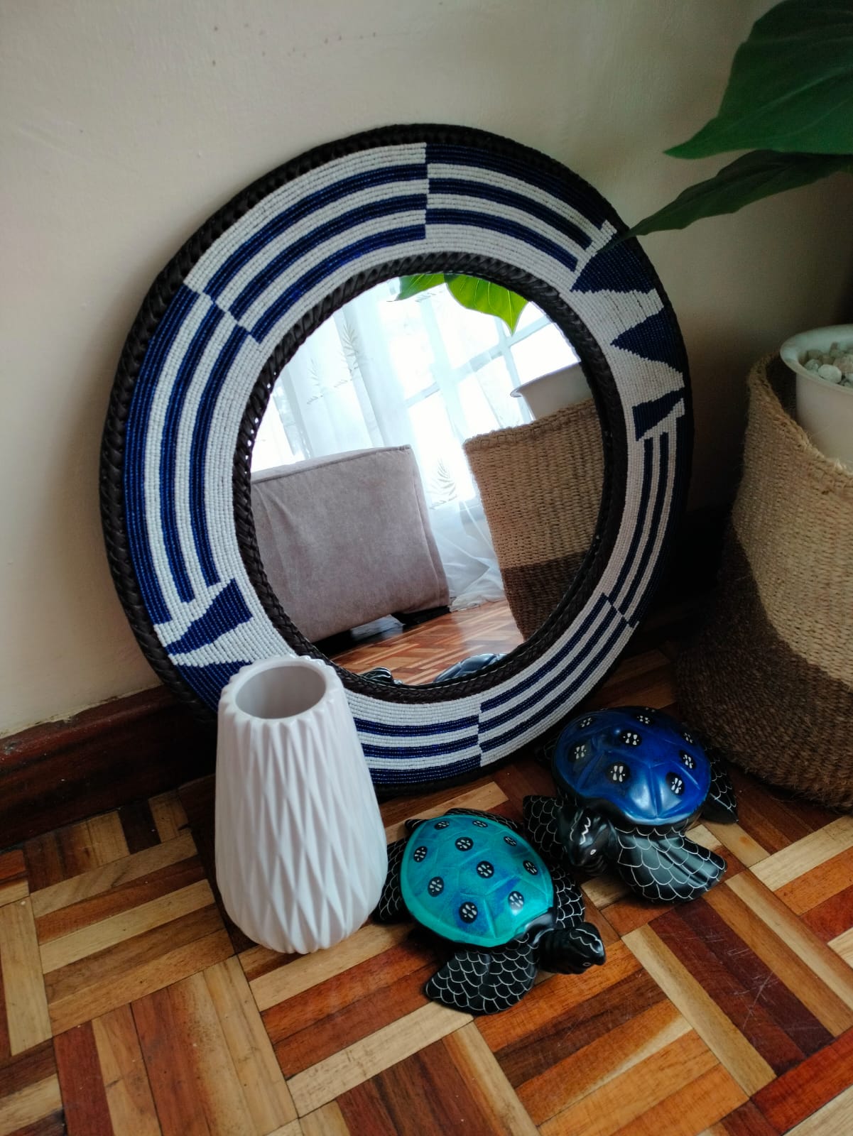 Midnight blue beaded mirror.