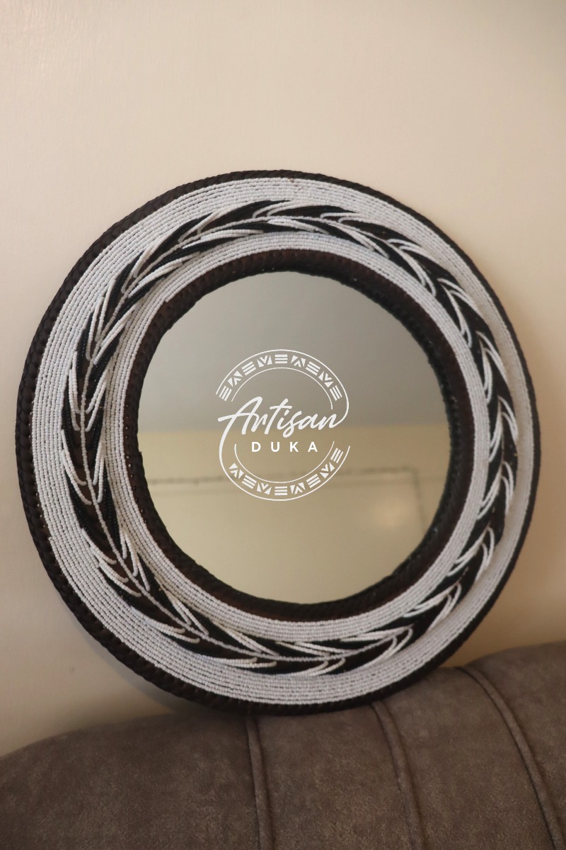 Leaf design white beaded mirror