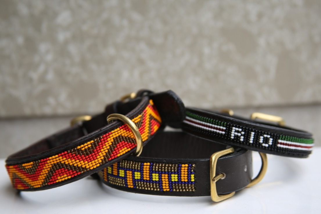 Beaded leather Dog Collar - slender &amp; shorter