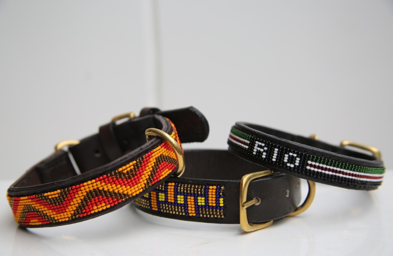 Beaded leather Dog Collar - slender &amp; shorter