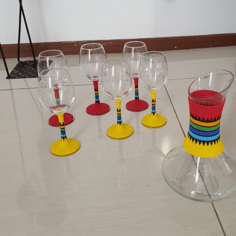 Beaded Decanter and Wine Glasses