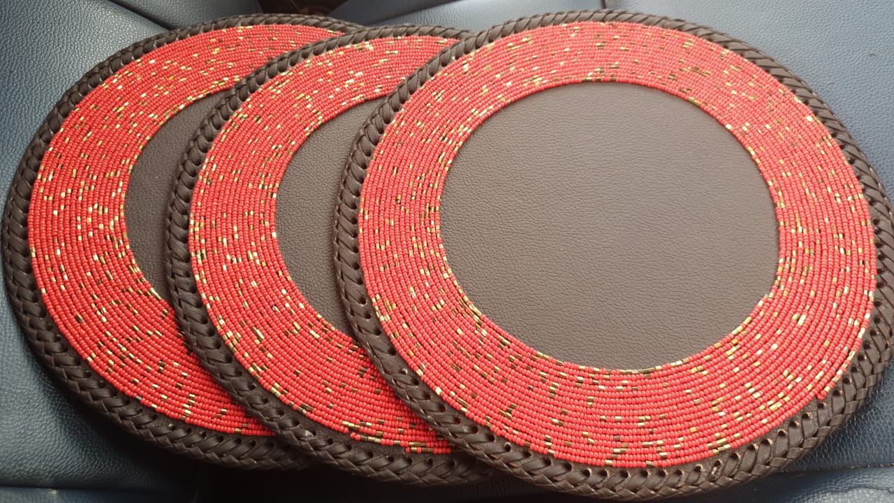 Red Sparkle half Maasai beaded placemat, Red Maasai beaded placemats, Red mats