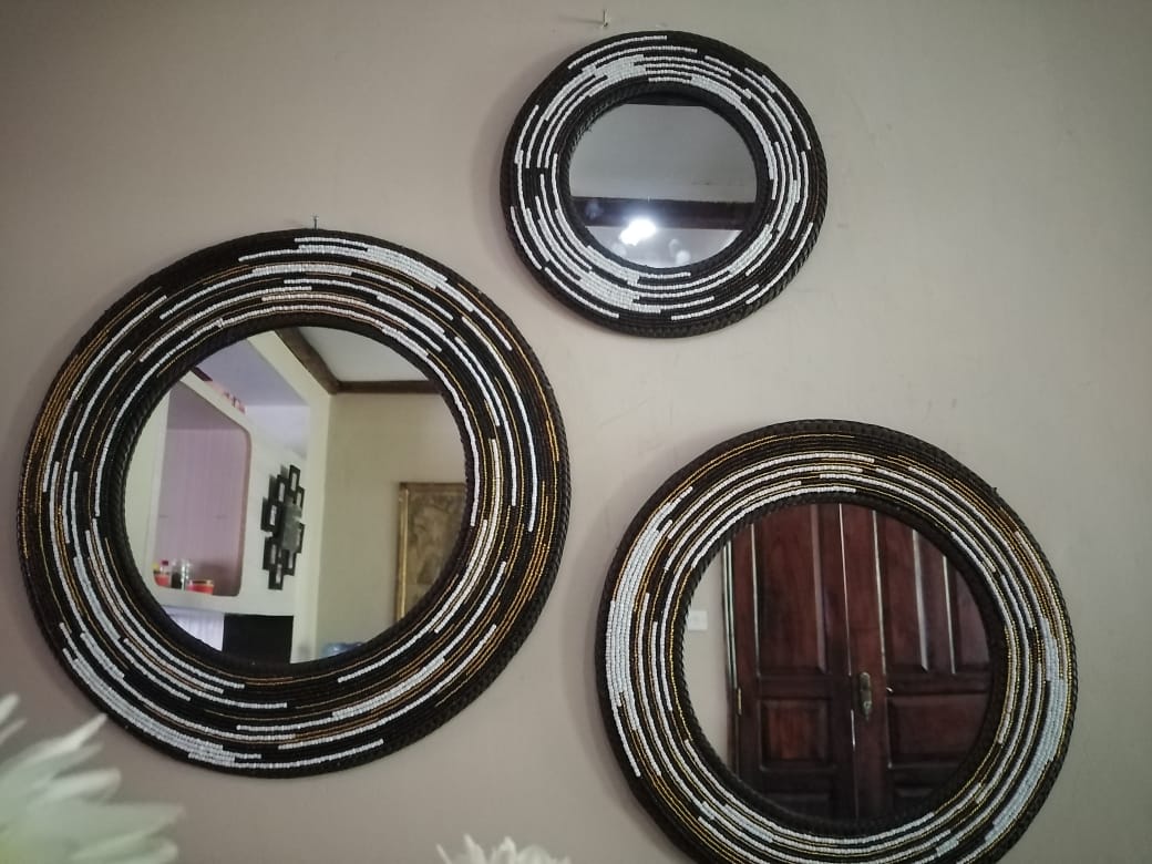 Earth Tone Maasai Beaded Mirrors (Set of 3), beaded mirrors, mirrors
