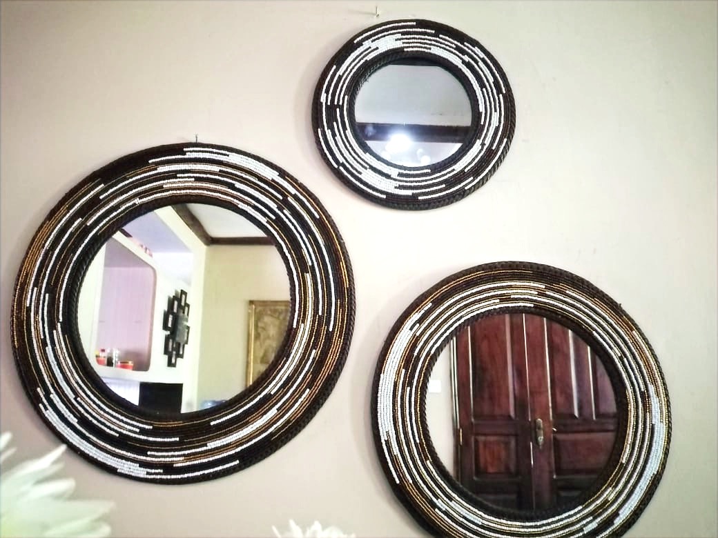 Earth Tone Maasai Beaded Mirrors (Set of 3), beaded mirrors, mirrors