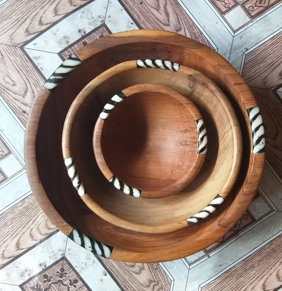 Round Wood Bowls with Bone Detail (Set of 3), Wood Bowls, Set of 3 Wooden Bowls, Bowls, Set of 3 Bowls