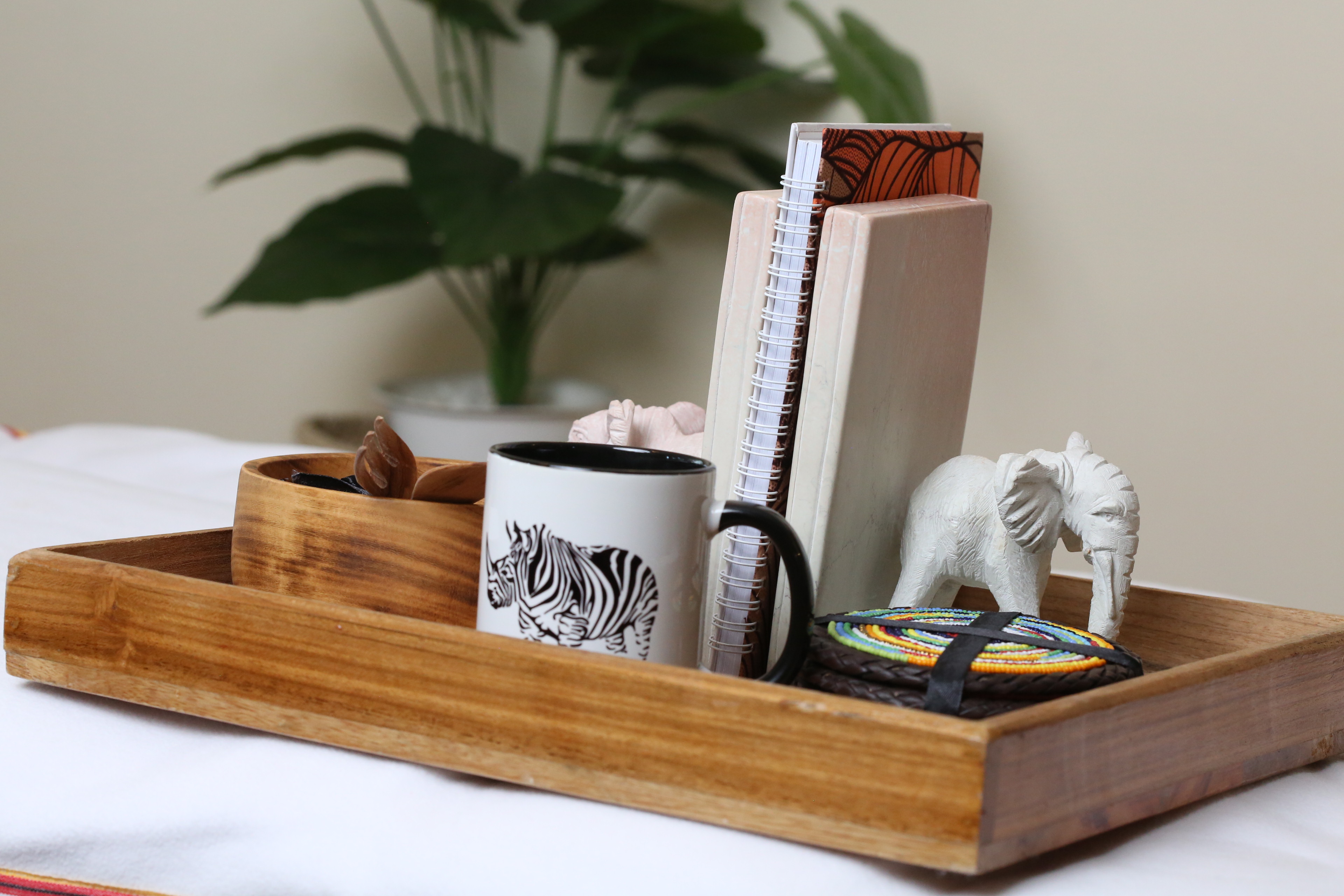 Elephant carved book holder gift package, Ankara notebook, Maasai beaded coasters