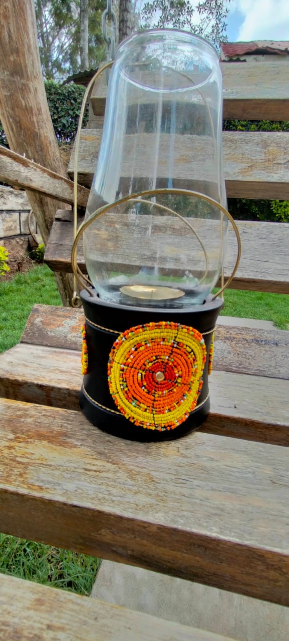 Sunrise Yellow Beaded Lantern-style Candle Holder